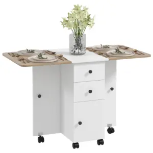 Homcom Folding Dining Table with Wheels, Folding Wings, 2 Drawers and Cabinet, up to 6 People, 120X60X76.5 Cm, White and Natural