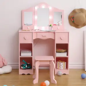Girls Vanity Table with Mirror, Light,Stool & Drawer, 2 in 1 Wooden Princess Makeup Desk Dressing Table,Pretend Play toy