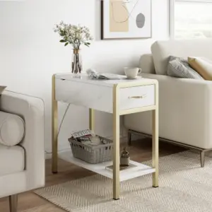 Sofa Side Table with USB Ports and Outlets, Narrow End Table with Charging Station for Living Room Office Bedroom