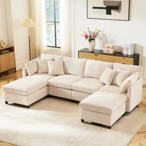 Modern Chenille Fabric Sofa - Modular U-Shaped Corner Sofa with Removable Footstool Perfect for Home Living Room