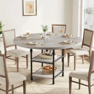 120cm Rustic Round Dining Table for 4-6 with Storage Shelves Roman Metal Legs Adjustable Leg Pads for Kitchen Dining Room