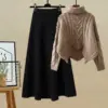 khaki-sweater-black-skirt-two-piece-set