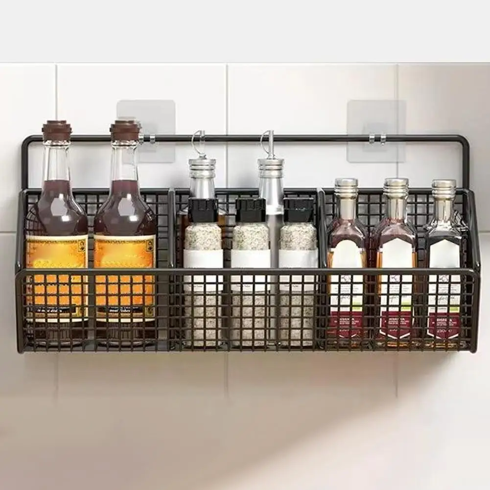 Wall-mounted Kitchen Storage Basket Perforation-free Iron Partition Storage Rack for Kitchen Ingredients Sorting Storage Basket 13 kf Sf7ffe2d3baa643d09144a26a66a15b9dN