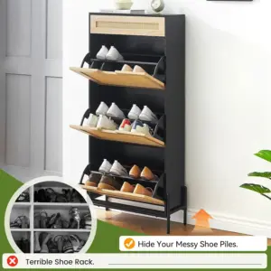 Natural Rattan Storage Cabinet with 2 Flip Door 1 Drawer Freestanding Entrance Shoe Cabinet, Modern Narrow Entry Way Cabinet
