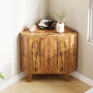 Corner Cabinet with Doors, 3-Tier Industrial Fluted Corner Shelf with Adjustable Shelf, Freestanding Triangle End Table