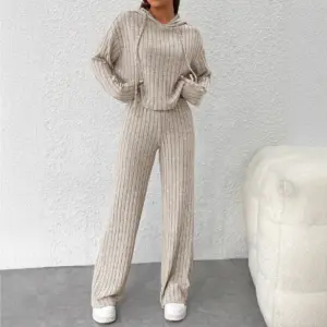 Casual Knitted Long Hoodie Loose Long Sleeve Long Pants Fashion Set Autumn Winter New Style Elegant Commute Pure Color Polyes...