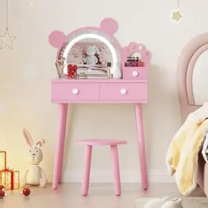 Bear-Shaped Lighted Mirror Kids Vanity Table and Chair Set - Wooden Princess Makeup Desk Touch Control LED for Little Girls