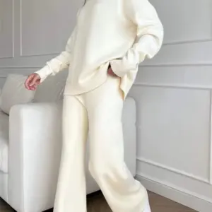 Autumn Winter 2 Pieces Women Sets Knitted Tracksuit Turtleneck Sweater and Straight Jogging Pants Suits