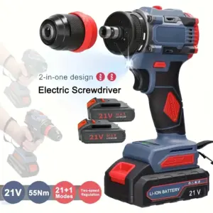 21V Cordless Electric Screwdriver Rechargeable 2 in 1 Brushless Impact Drill 2 Speed 55N.M Torque Power Tools with 2 Battery