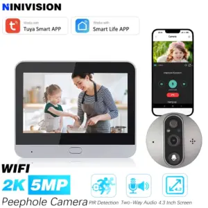 Dzwonek do drzwi Tuya SmartLife 5 MP z przyciskiem, 5000 mAh, bezprzewodowa kamera z wizjerem, wideodomofon, system bezpieczeństwa domowego, 4,3-calowy monitor dla niemowląt