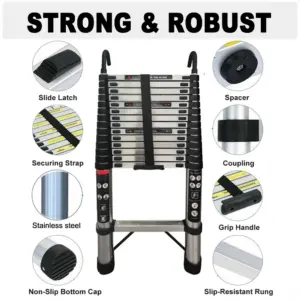 4.4m/5m Telescopic Extension Ladder with 2 Detachable Hooks, Sturdy Stainless Steel EN131 Standard, 150kg Load Capacity
