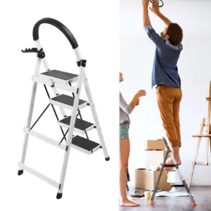 4 Step Ladder with Handrails Thick Steel Folding 4 Step Stool Portable Sturdy Steel Ladder for Indoor
