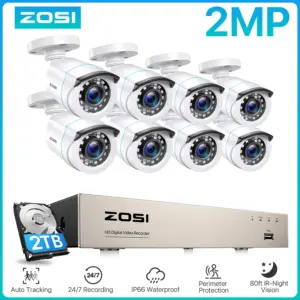 ZOSI 8CH Home Wired Security Camera System 1080p H.265+ DVR 8PCS 2.0MP Outdoor CCTV Cameras Video Surveillance DVR Kit