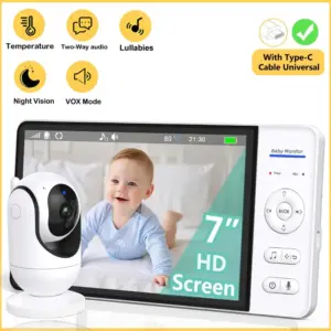No WiFi 7 Inch Baby Monitor 2-Way Audio Night Vision 4X Zoom Wireless Kids Protection Surveillance Video Camera 5000mAh Battery