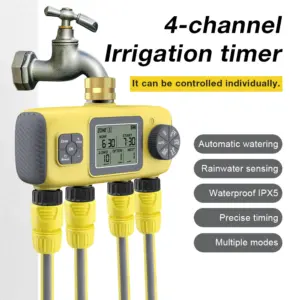 Automatic Watering System Irrigation Timer Brass Inlet IPX5 Waterproof Rain Delay Garden Water Controller LCD Display 2-4-Outlet