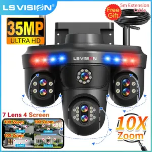 LS VISION 10X Optical Zoom 4-Screens WiFi IP Camera 35MP Outdoor Wifi Security PTZ Cam Auto Tracking Home Surveillance Cameras