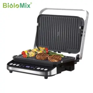 BioloMix 2000W Digital Contact Grill Features 180 Degree Open Design Optional Waffle Maker Plates for Panini BBQ and More
