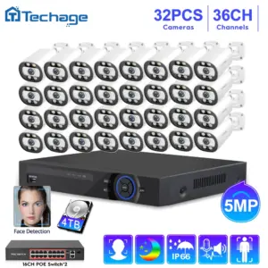 Techage 36CH 5MP POE Surveillance Camera System CCTV NVR H.265 Face Detect Full Color Night Record DVR Security Protection Set