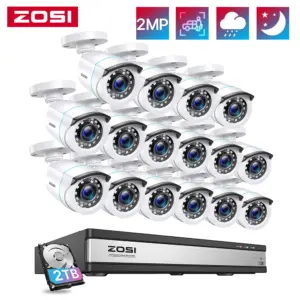 System kamer bezpieczeństwa ZOSI 16 kanałów 1080p 16 kanałów H.265+ DVR 2MP 1920TVL Kamery CCTV Monitoring zewnętrzny i wewnętrzny