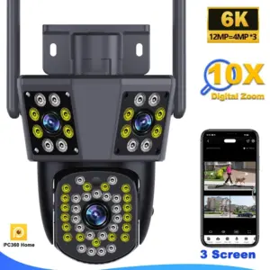 6K 12MP WiFi Camera Outdoor 10X Zoom Security CCTV Triple Lens Triple Screen Ai Track Mini Video Surveillance Camera IPC360 Home
