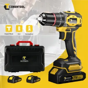 CONENTOOL 21V Brushless Cordless Combi Hammer Impact Drill Driver 28+3 Torque 3 IN 1 Electric Screwdriver Kit with 2 Batteries