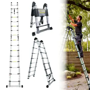 2.5m+2.5m Stainless Steel Telescopic Folding Ladder, 150kg Capacity Heavy Duty Foldable Ladder, Portable Loft Ladder