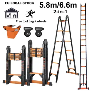 Telescopic Ladder 5.8m/6.6m Carbon Steel 19/22ft A-Frame Folding Portable Multi-Purpose Ladder with EN131 Certified Load 150kg