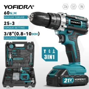 YOFIDRA 60N.M Electric Impact Drill 25+3 Torque Cordless Electric Screwdriver With 32/53PCS Tool Kit Power Tool For 21V Battery