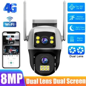 8MP 4G Sim Card Camera Dual Lens Dual Screen Wireless WiFi Outdoor Surveillance Human Detect Security Protection PTZ IP Cameras