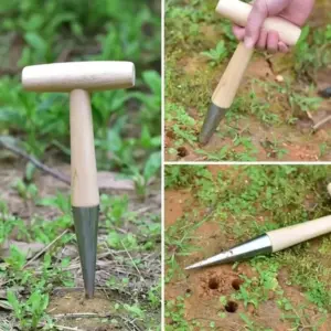 Hand Sow Dibbler With Wood Handle For Sowing Seeds Transplanting Plants Planting Bulbs Digging Gardening Garden Hole Punch Tool