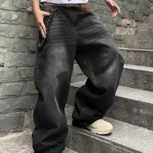 1Pc Men's Daily Travel Casual American Street Loose Jeans, Black, Light Blue, Sea Blue Fashion Street Style Retro Lantern Jeans Jeans Denim Pants