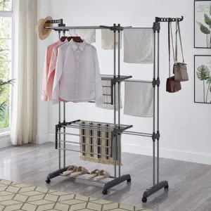 2 in 1 clothes airer, extendable length 72-143 cm, with 6 foldable wings on 3 levels, foldable clothes airer for families