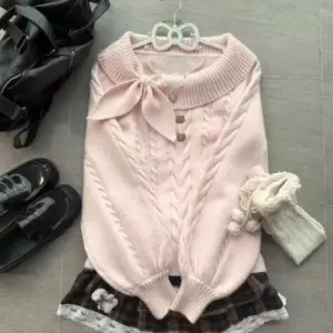 2000s Vintage Kawaii Knit 2 Piece Set Women Gyaru Off Shoulder Sweater + Cake Skirts Korean Winter Sweet Knitwear Slim Outftis