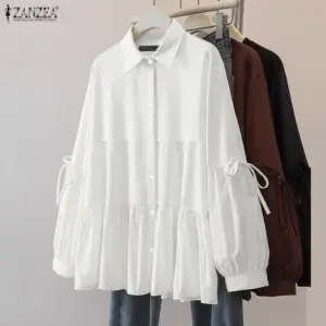 2025 Autumn Blouse ZANZEA Office Women Shirt Spring Elegant Lapel Neck Long Sleeve Tops Solid Button Up Blusas Lace-Up Chemise