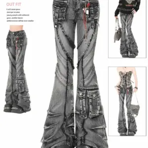 2025 Autumn Winter Women's Denim Pants Dark Academia Cargo Jean Flared Bell Bottom Designer Kpop Japanese Y2k 2000s Goblin Core