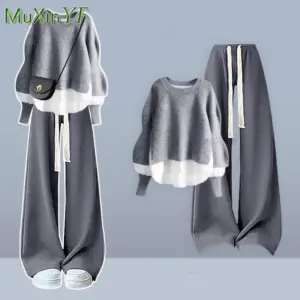 2025 Autumn/Winter New Korean Elegant Fake Two Piece Knit Sweater Top+Casual Pants Suit Women's Fashion Tracksuit Matching Set
