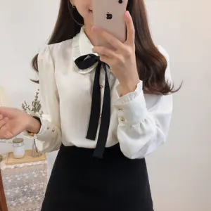 2025 Hot Sales Women's Cute Sweet Girls Vintage Black White Lace-Up Ruffled Ribbon Tops Button Elegant Formal Shirts Blouses