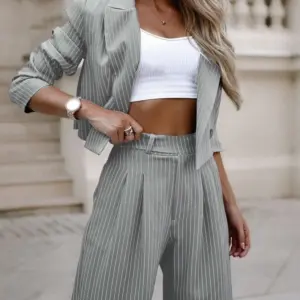 2025 New Women Casual Striped Short Lapel Suit Pants Set Spring Summer Women Long Sleeve Blazer Coat + Long Pants Two Peice Sets