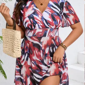 2025 Drukuj Krótki Rękaw Plus Size Stroje Kąpielowe Damskie Siatkowe Sukienki Duży Jednoczęściowy Strój Kąpielowy Brazylijski Damski Pulchny Kręcony Strój Kąpielowy