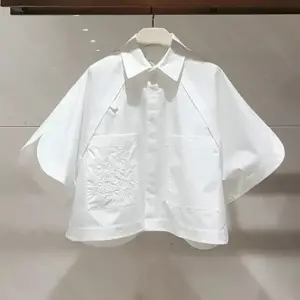 2025 Summer Short Blouses Half Sleeve Embroidered Short Sleeve Top Flip Collar Loose Bat Sleeve White Shirt For Women