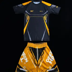2026 New IMMAF 2PCS MMA Set Men's Black Gold Print Short Sleeve Rash Guard & Fight Shorts Quick-Dry Combat Training Sportswear