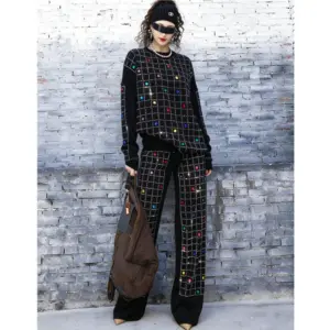2026 Spring New Women Pant Set Rhinestone Print Two-Piece Knit Set Black Outfit LX5169
