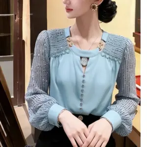 2026 Spring Women New Elegant Fashion Long Sleeve Sequin Shirt Patchwork Satin Blouse Hollow Out Office Lady Tops