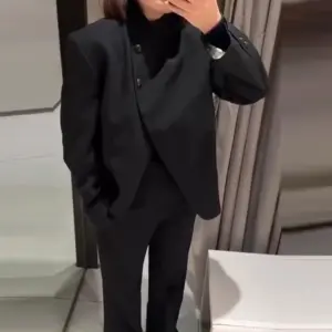 2026 Spring Women's Mandarin Collar Blazer Trouser Set Loose Button Long Sleeve Jacket Straight Leg Pant Female 2 Pieces Set