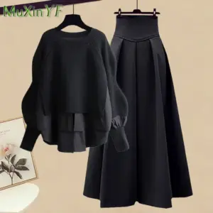 2026 Spring/Autumn New Korean Elegant Splice Fake Two Piece Knitted Sweater Dress Matching Set Women's Chic Pullover Skirt Set