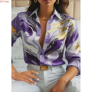 2026 Women's Purple Long-Sleeve Shirt for Fall, Single-Button Collar Print Shirts, Fashionable Fitted Top for Girls.