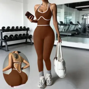 2PCS One-Piece Jumpsuit Pant Set Women's Yoga Workout Seamless High Waist Gym Bodysuit Fitness Red Sports Wear Set