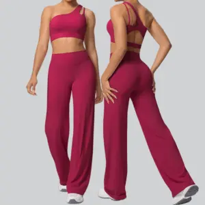2PCS Yoga Set Workout Tracksuit Women Crop Top One Shoulder Bra High Waist Flared Pant Suit Female Push Up Fitness Sports Suits