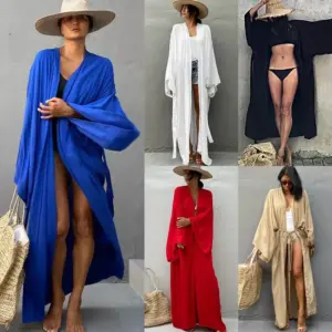 5 Colors Solid Bikini Cover-ups Long Kimono Sexy Belted Summer Wrap Dress Women Beach Wear Cover Up Cardigan Robe De Plage
