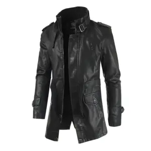 Autumn And Winter New Men's Medium And Long Leather Jacket Stand-up Collar Piled Thickened PU Leather Jacket